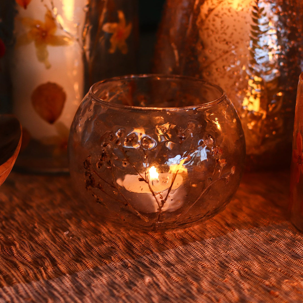 Natural Floral Recycled Glass Candle Holder, Margarita (8x10cm), showing the distinctive design – floral glass candle holder product image 1