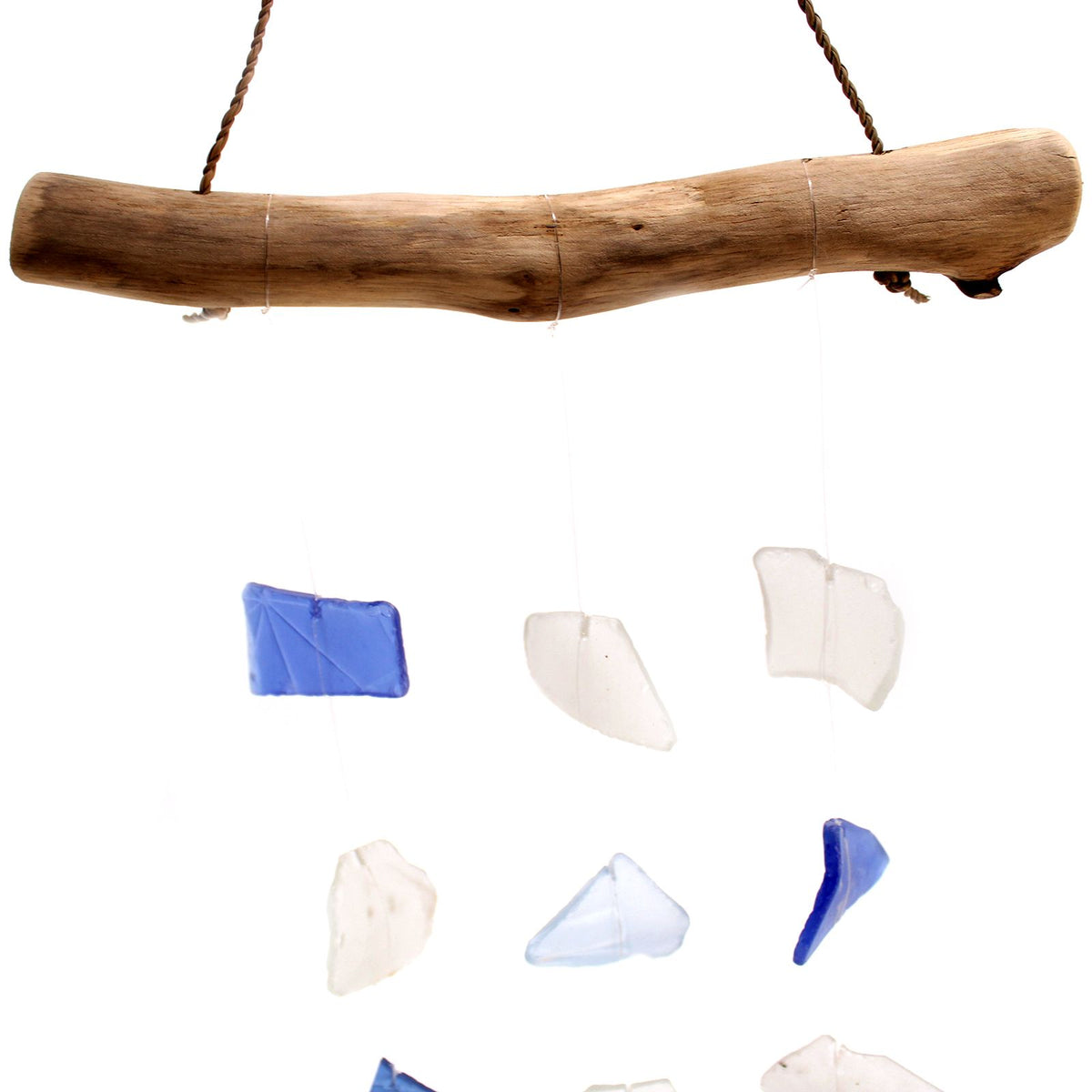 Three-Drop Recycled Glass Wind Chime, Blue and White, showing the distinctive design – recycled glass wind chime product image 2