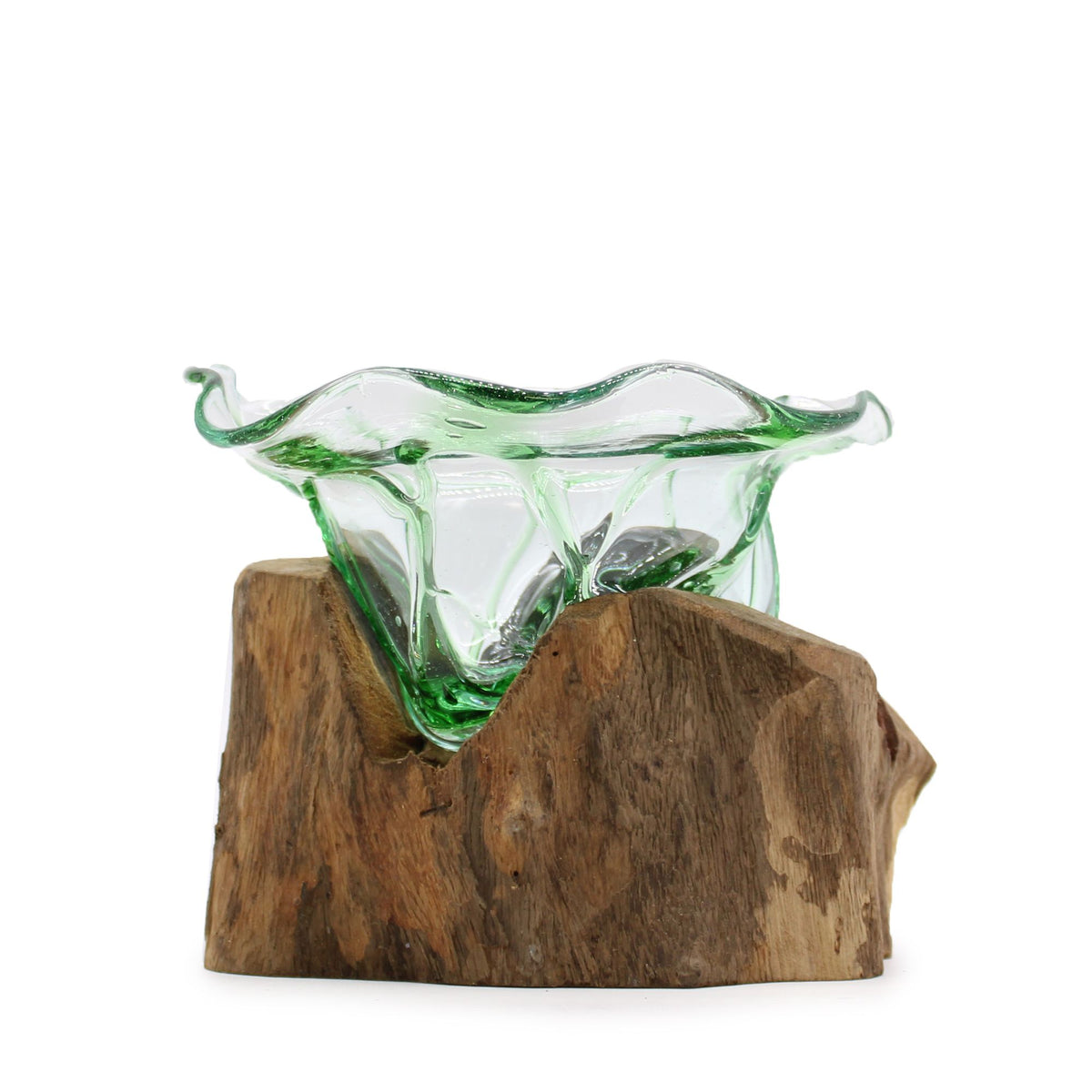 Recycled Glass Large Fancy Sweet Bowl on Wood on Natural Wood, showing the distinctive design – recycled glass decor product image 1