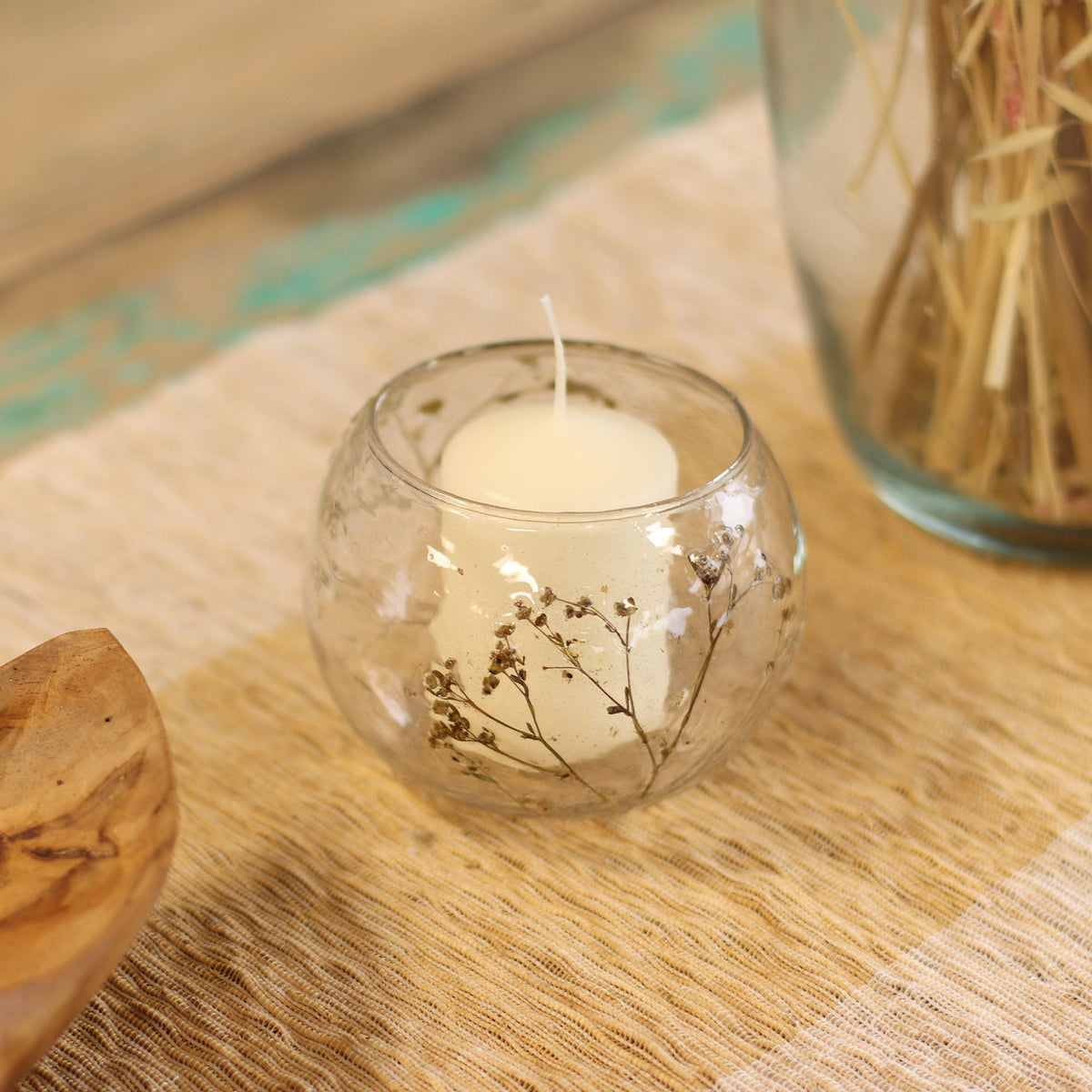 Natural Floral Recycled Glass Candle Holder, Margarita (8x10cm), showing the distinctive design – floral glass candle holder product image 9
