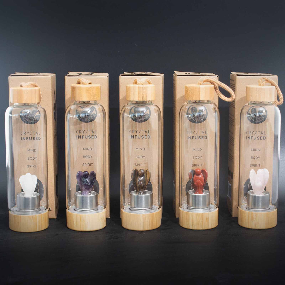 500 ml Crystal Infused Glass Water Bottle, Rejuvenating Rose Quartz - Angel, showing the distinctive design – crystal water bottle product image 3
