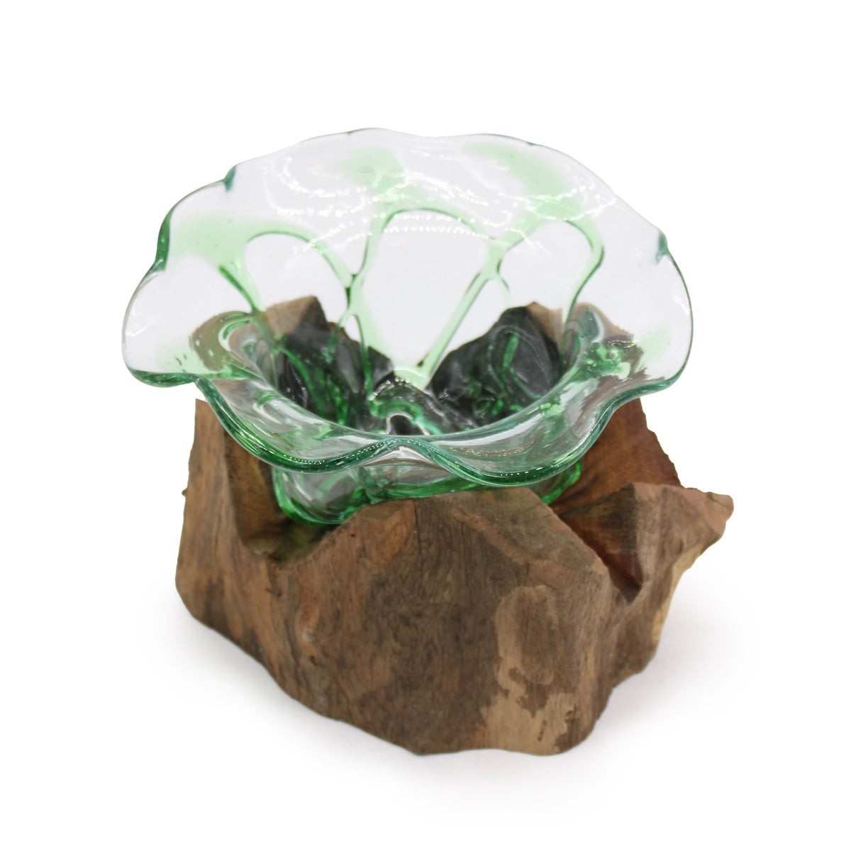 Recycled Glass Large Fancy Sweet Bowl on Wood on Natural Wood, showing the distinctive design – recycled glass decor product image 2
