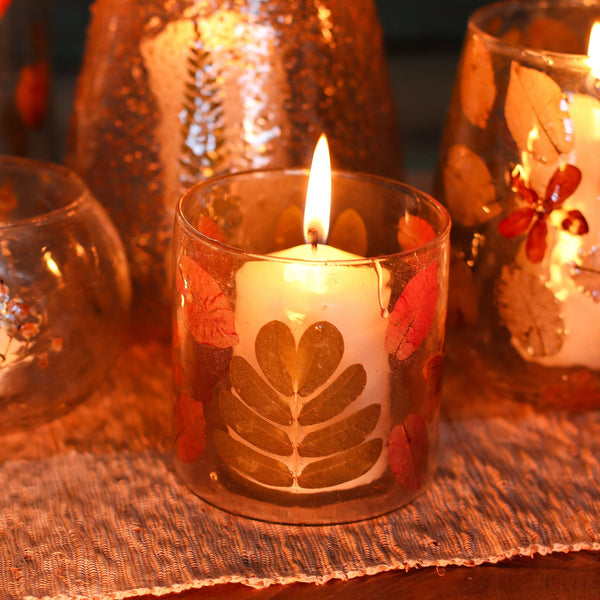 Natural Floral Recycled Glass Candle Holder, Primavera (8x8cm), showing the distinctive design – floral glass candle holder product image 1
