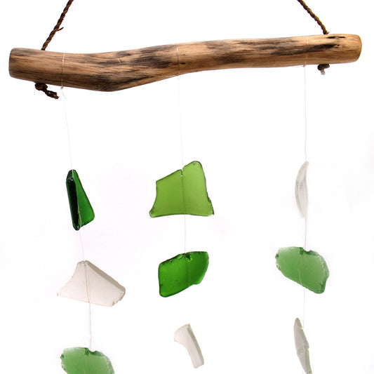 Three-Drop Recycled Glass Wind Chime, Green and White, showing the distinctive design – recycled glass wind chime product image 1