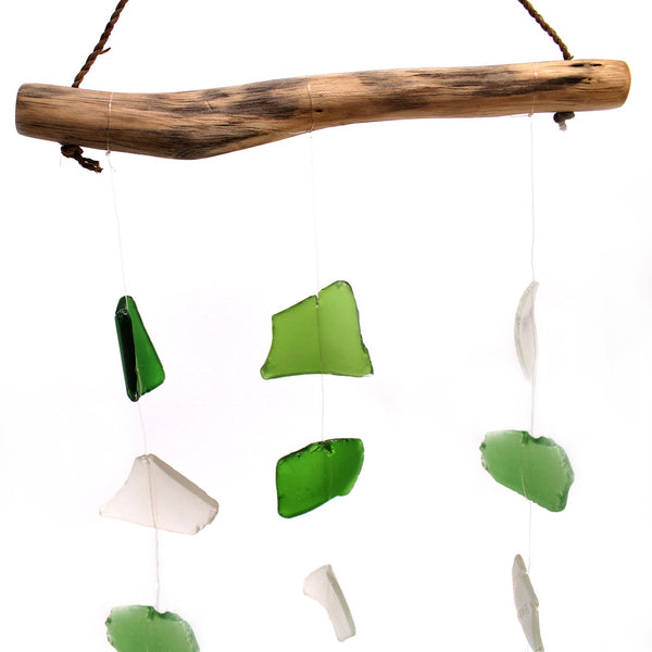 Three-Drop Recycled Glass Wind Chime, Green and White, showing the distinctive design – recycled glass wind chime product image 1